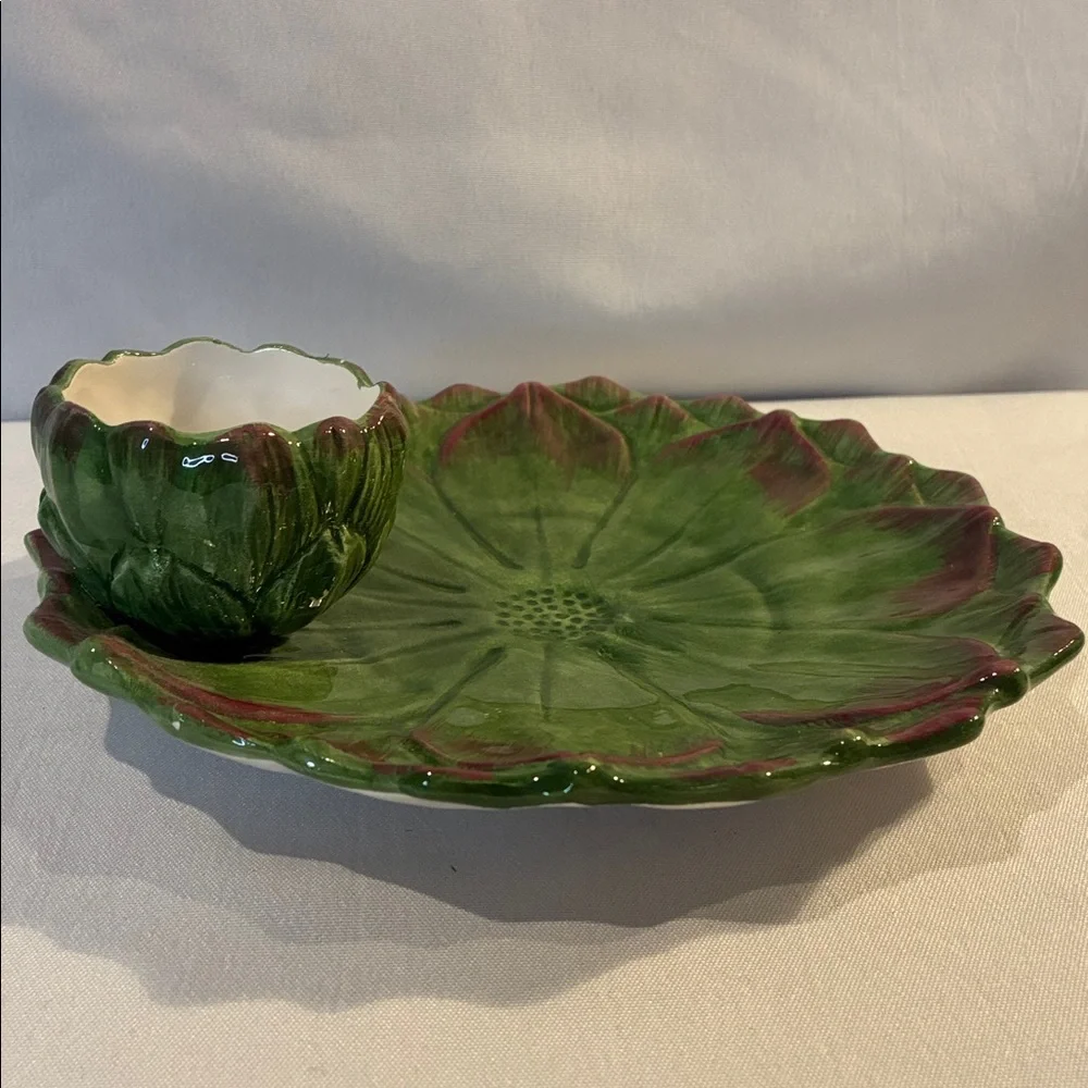 Vintage green Italian majolica artichoke plate and dip dish Sur la Table ceramic